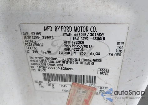 2005 Ford F-150 Stx/Xl/Xlt z USA, uszkodzony, nr VIN 1FTRF12275NB28692